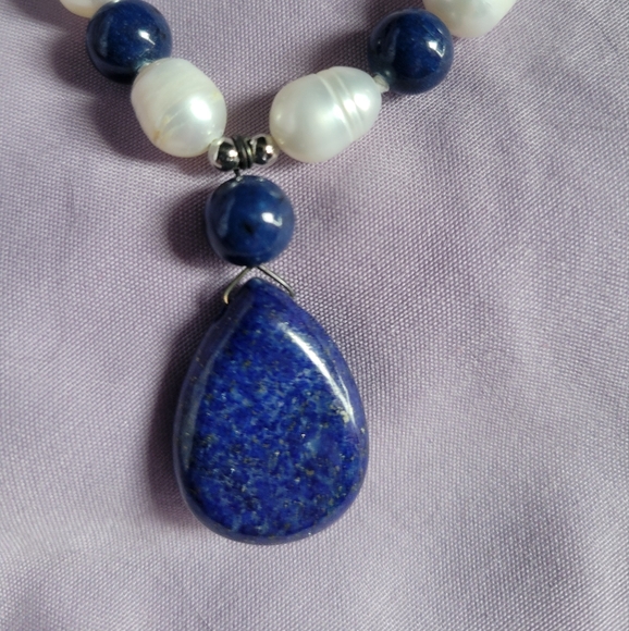 Elegant Lapis And Pearl Necklace - Picture 2 of 3